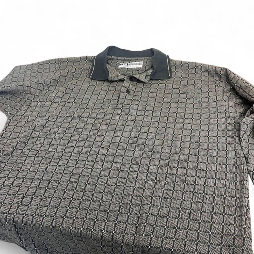 UNITED Grey & Brown Geometric Grid Long Sleeve Polo Shirt